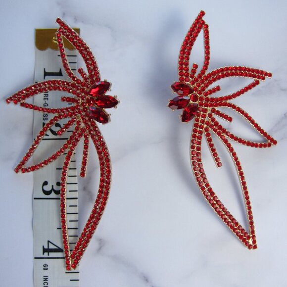 Elegant Big Wing Stud Red Earrings for Women Metallic with Rhinestones - Picture 3 of 6